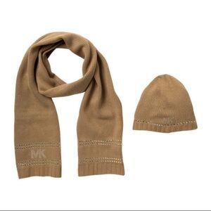 MICHAEL KORS Camel Studded Stripe with Logo Detail Hat & Scarf Set NWT
